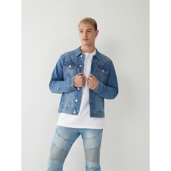 True Religion Men's Jimmy Red Stitch Trucker Denim Jacket - Picture 4 of 6